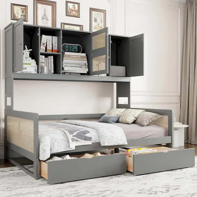 Modern Full Size Wood Daybed Storage Platform Bed Frame Plastic Rattan Headboard 2 Drawers All-In-One Cabinet with Shelves