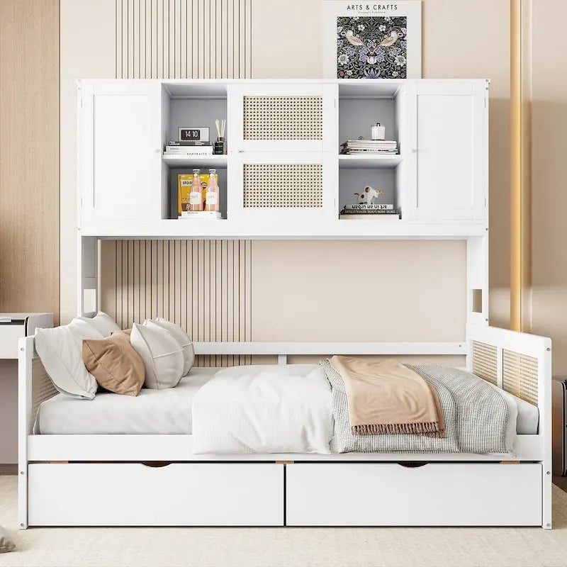 Modern Full Size Wood Daybed Storage Platform Bed Frame Plastic Rattan Headboard 2 Drawers All-In-One Cabinet with Shelves