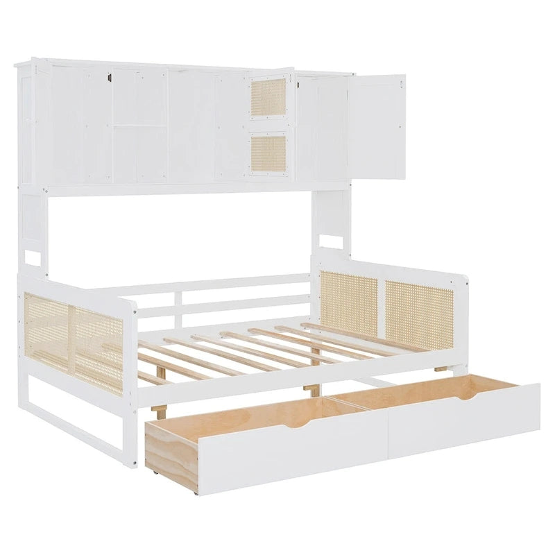 Modern Full Size Wood Daybed Storage Platform Bed Frame Plastic Rattan Headboard 2 Drawers All-In-One Cabinet with Shelves