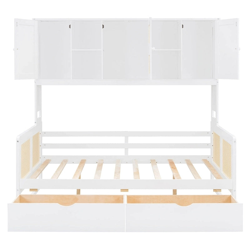 Modern Full Size Wood Daybed Storage Platform Bed Frame Plastic Rattan Headboard 2 Drawers All-In-One Cabinet with Shelves