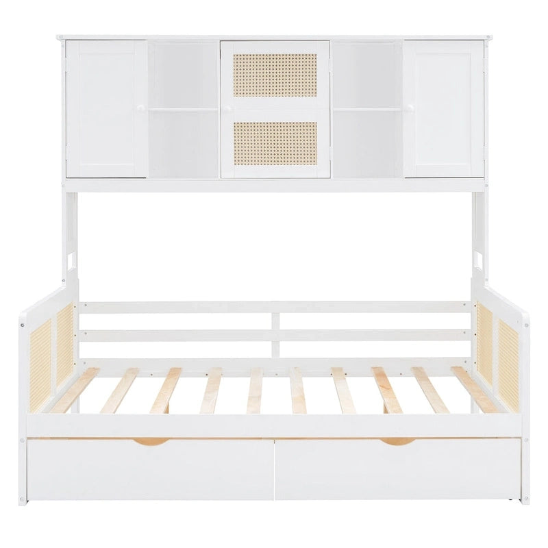 Modern Full Size Wood Daybed Storage Platform Bed Frame Plastic Rattan Headboard 2 Drawers All-In-One Cabinet with Shelves