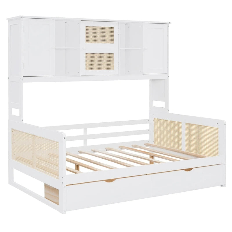Modern Full Size Wood Daybed Storage Platform Bed Frame Plastic Rattan Headboard 2 Drawers All-In-One Cabinet with Shelves