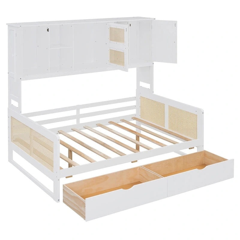 Modern Full Size Wood Daybed Storage Platform Bed Frame Plastic Rattan Headboard 2 Drawers All-In-One Cabinet with Shelves