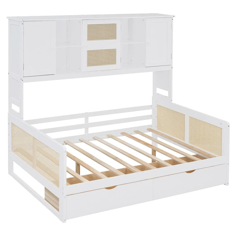 Modern Full Size Wood Daybed Storage Platform Bed Frame Plastic Rattan Headboard 2 Drawers All-In-One Cabinet with Shelves