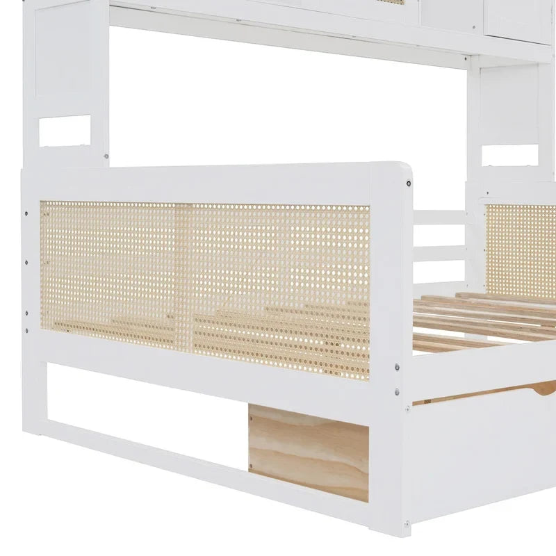Modern Full Size Wood Daybed Storage Platform Bed Frame Plastic Rattan Headboard 2 Drawers All-In-One Cabinet with Shelves