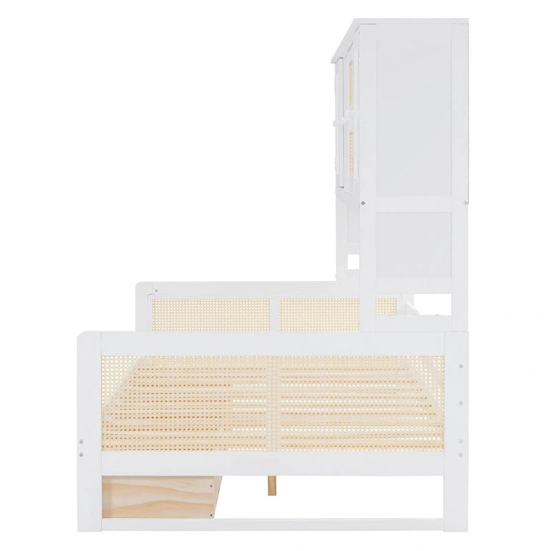 Modern Full Size Wood Daybed Storage Platform Bed Frame Plastic Rattan Headboard 2 Drawers All-In-One Cabinet with Shelves