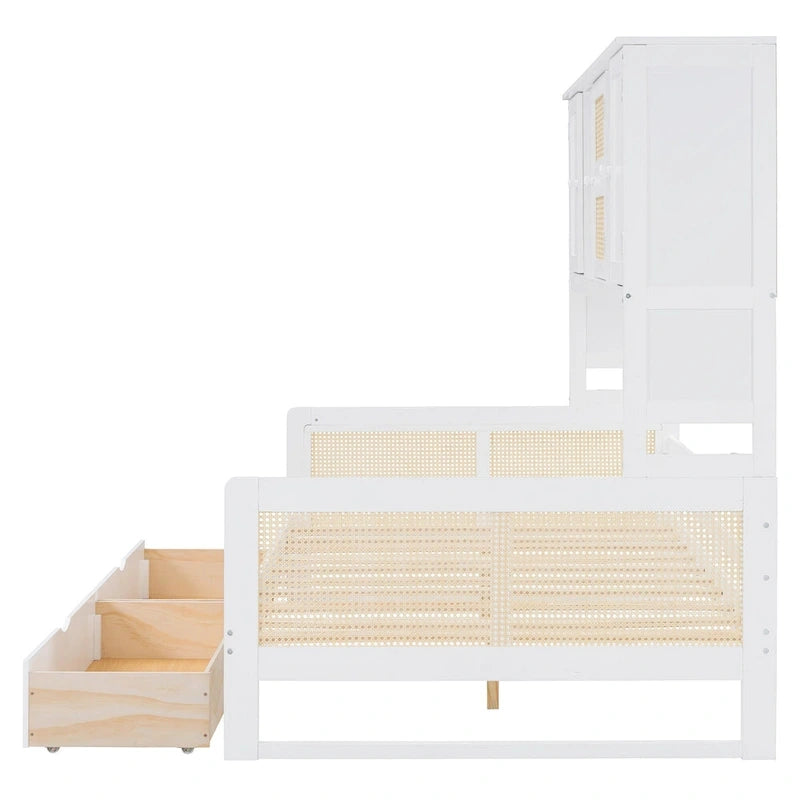 Modern Full Size Wood Daybed Storage Platform Bed Frame Plastic Rattan Headboard 2 Drawers All-In-One Cabinet with Shelves