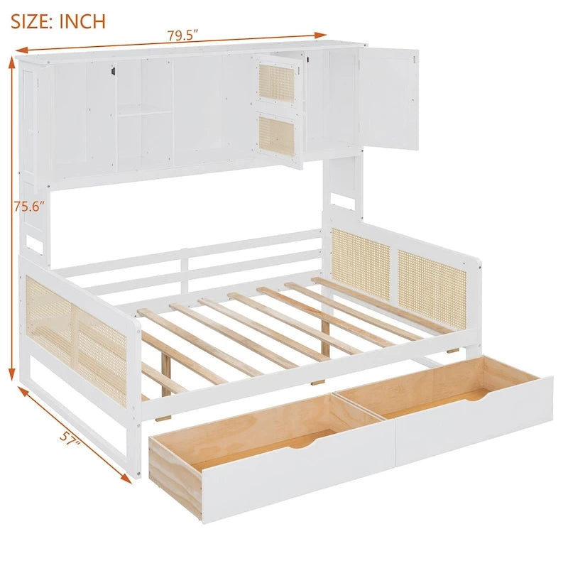 Modern Full Size Wood Daybed Storage Platform Bed Frame Plastic Rattan Headboard 2 Drawers All-In-One Cabinet with Shelves
