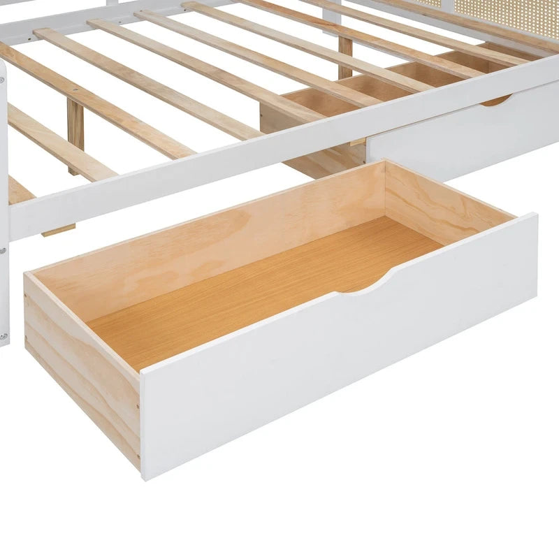 Modern Full Size Wood Daybed Storage Platform Bed Frame Plastic Rattan Headboard 2 Drawers All-In-One Cabinet with Shelves
