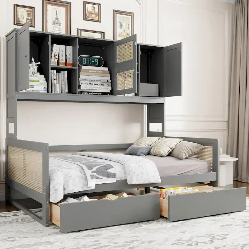 Modern Full Size Wood Daybed Storage Platform Bed Frame Plastic Rattan Headboard 2 Drawers All-In-One Cabinet with Shelves
