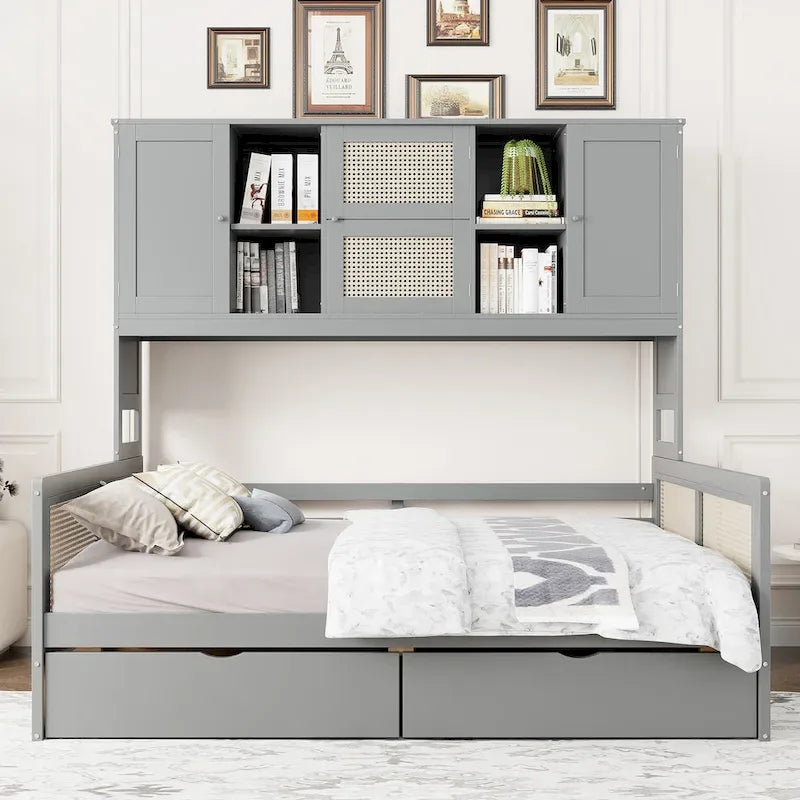 Modern Full Size Wood Daybed Storage Platform Bed Frame Plastic Rattan Headboard 2 Drawers All-In-One Cabinet with Shelves