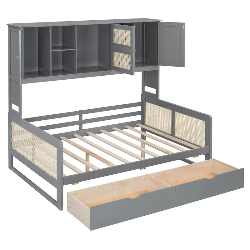 Modern Full Size Wood Daybed Storage Platform Bed Frame Plastic Rattan Headboard 2 Drawers All-In-One Cabinet with Shelves