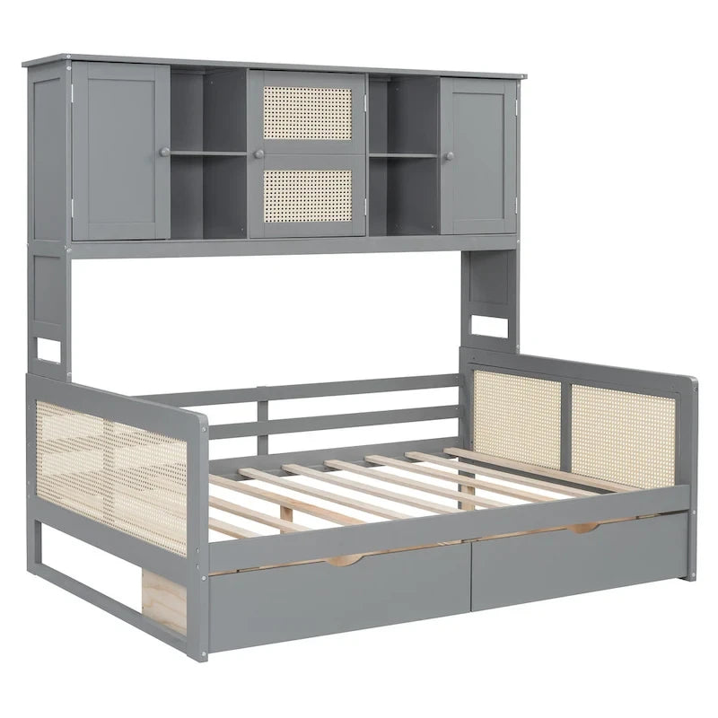Modern Full Size Wood Daybed Storage Platform Bed Frame Plastic Rattan Headboard 2 Drawers All-In-One Cabinet with Shelves