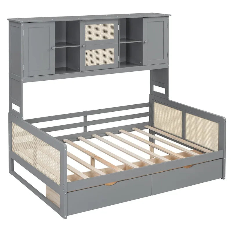 Modern Full Size Wood Daybed Storage Platform Bed Frame Plastic Rattan Headboard 2 Drawers All-In-One Cabinet with Shelves