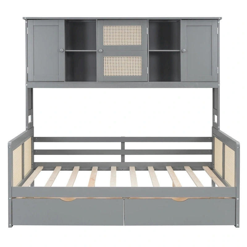 Modern Full Size Wood Daybed Storage Platform Bed Frame Plastic Rattan Headboard 2 Drawers All-In-One Cabinet with Shelves