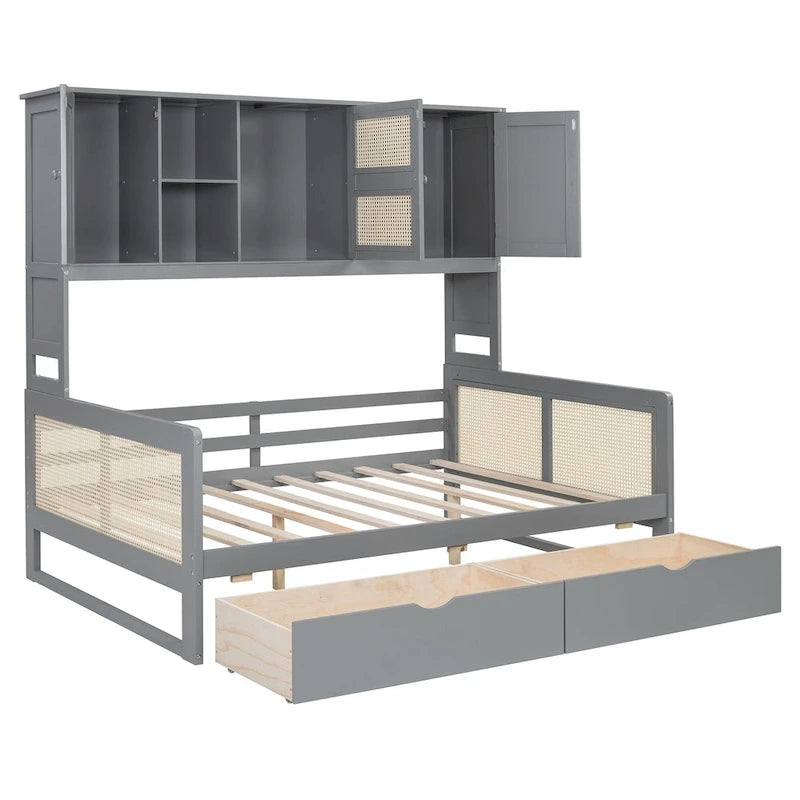 Modern Full Size Wood Daybed Storage Platform Bed Frame Plastic Rattan Headboard 2 Drawers All-In-One Cabinet with Shelves
