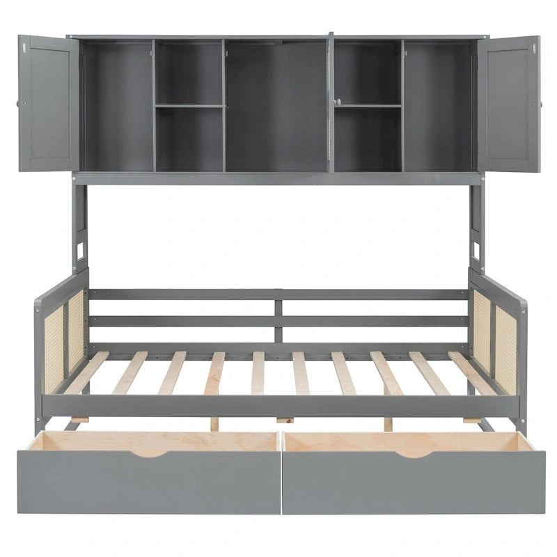 Modern Full Size Wood Daybed Storage Platform Bed Frame Plastic Rattan Headboard 2 Drawers All-In-One Cabinet with Shelves