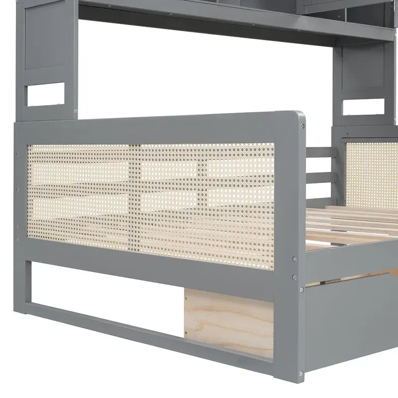 Modern Full Size Wood Daybed Storage Platform Bed Frame Plastic Rattan Headboard 2 Drawers All-In-One Cabinet with Shelves