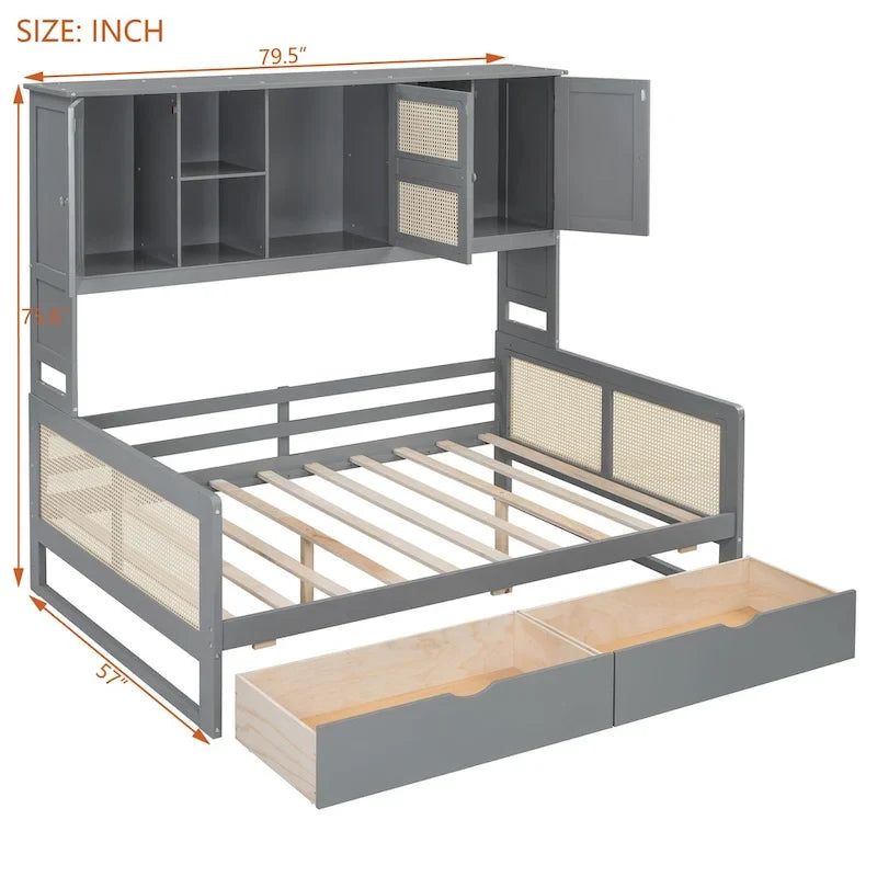 Modern Full Size Wood Daybed Storage Platform Bed Frame Plastic Rattan Headboard 2 Drawers All-In-One Cabinet with Shelves