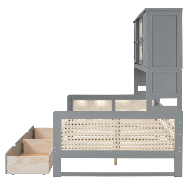 Modern Full Size Wood Daybed Storage Platform Bed Frame Plastic Rattan Headboard 2 Drawers All-In-One Cabinet with Shelves
