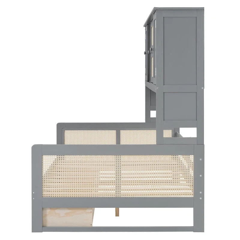 Modern Full Size Wood Daybed Storage Platform Bed Frame Plastic Rattan Headboard 2 Drawers All-In-One Cabinet with Shelves