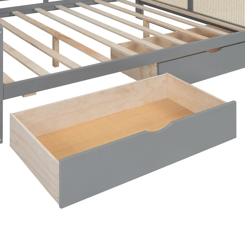 Modern Full Size Wood Daybed Storage Platform Bed Frame Plastic Rattan Headboard 2 Drawers All-In-One Cabinet with Shelves