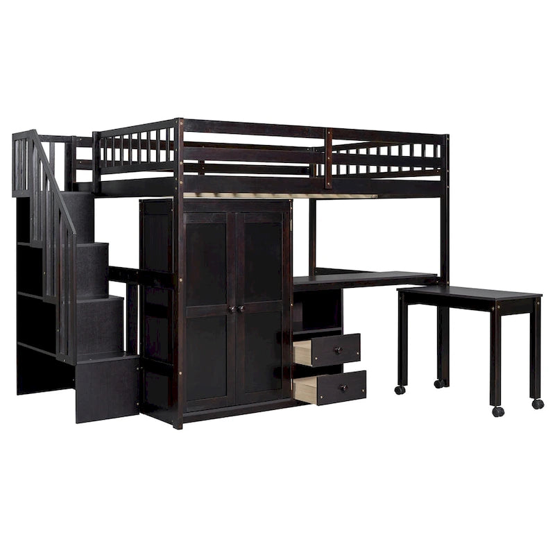 Full Loft Bed with Stairs, Built-in Desk & 5-in-1 Storage