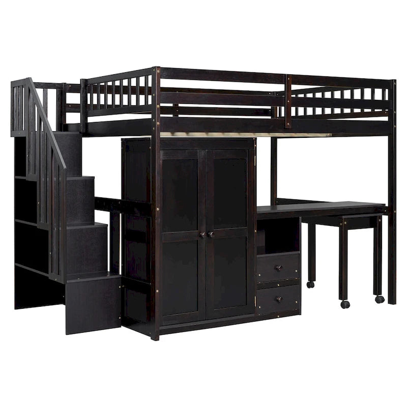 Full Loft Bed with Stairs, Built-in Desk & 5-in-1 Storage