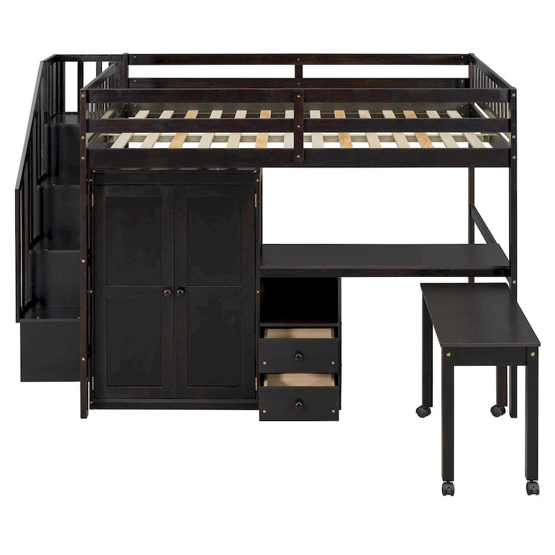 Full Loft Bed with Stairs, Built-in Desk & 5-in-1 Storage