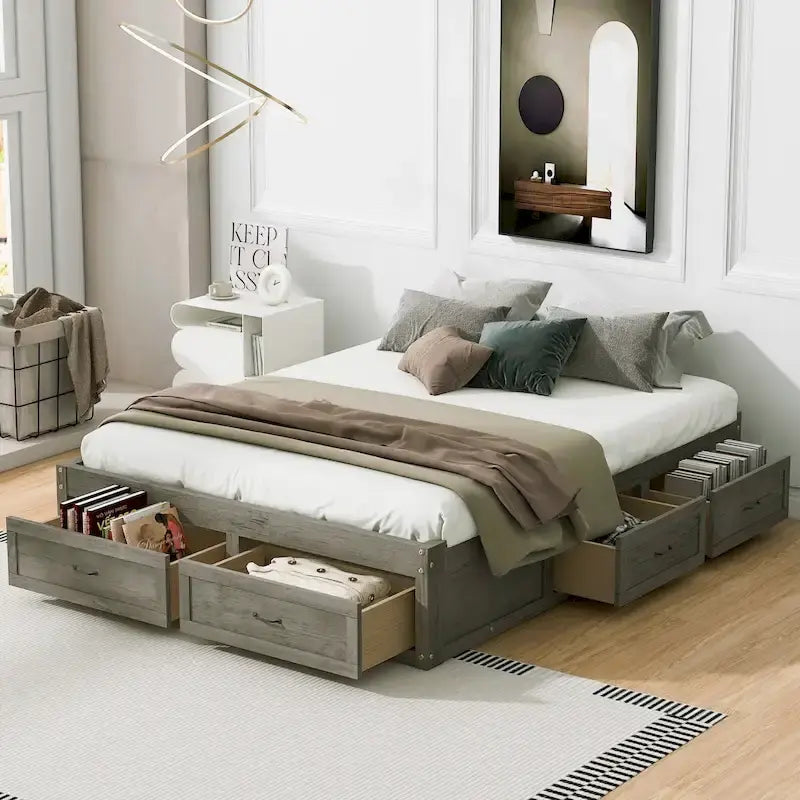 Queen Size Platform Bed with 6 Storage Drawers, Antique White