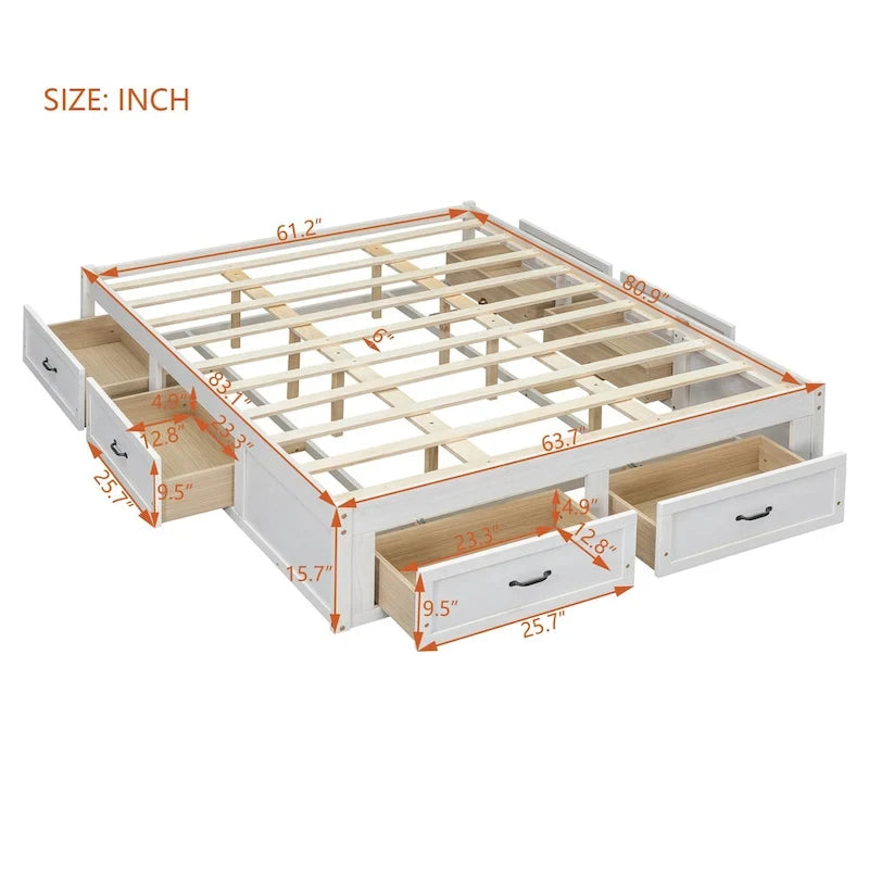 Queen Size Platform Bed with 6 Storage Drawers, Antique White
