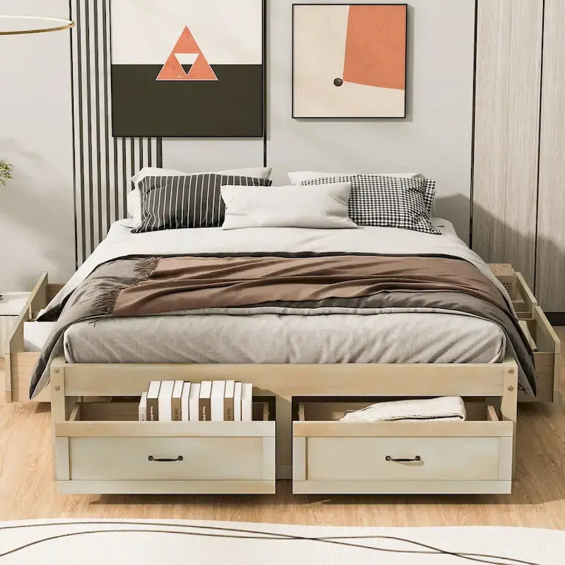 Queen Size Platform Bed with 6 Storage Drawers, Antique White