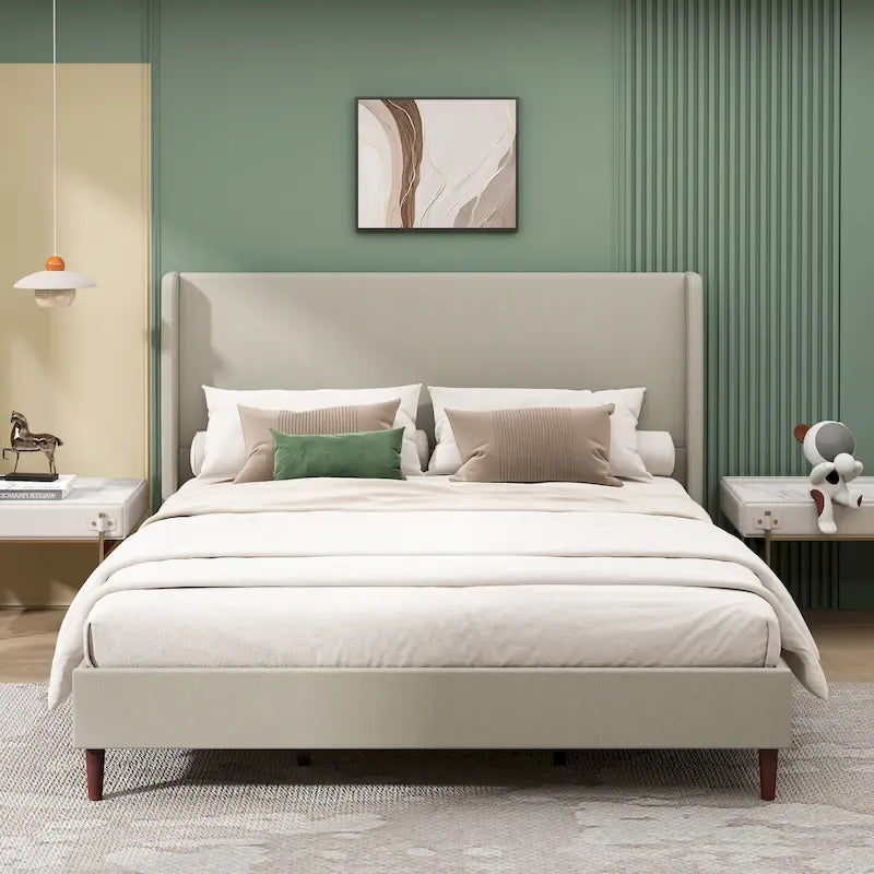 King Platform Bed - Beige Linen Upholstery, 12 Wooden Slats, Solid Wood Legs, 500lb Capacity, 83x78x51", No Box Spring Needed
