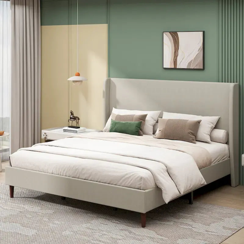 King Platform Bed - Beige Linen Upholstery, 12 Wooden Slats, Solid Wood Legs, 500lb Capacity, 83x78x51", No Box Spring Needed