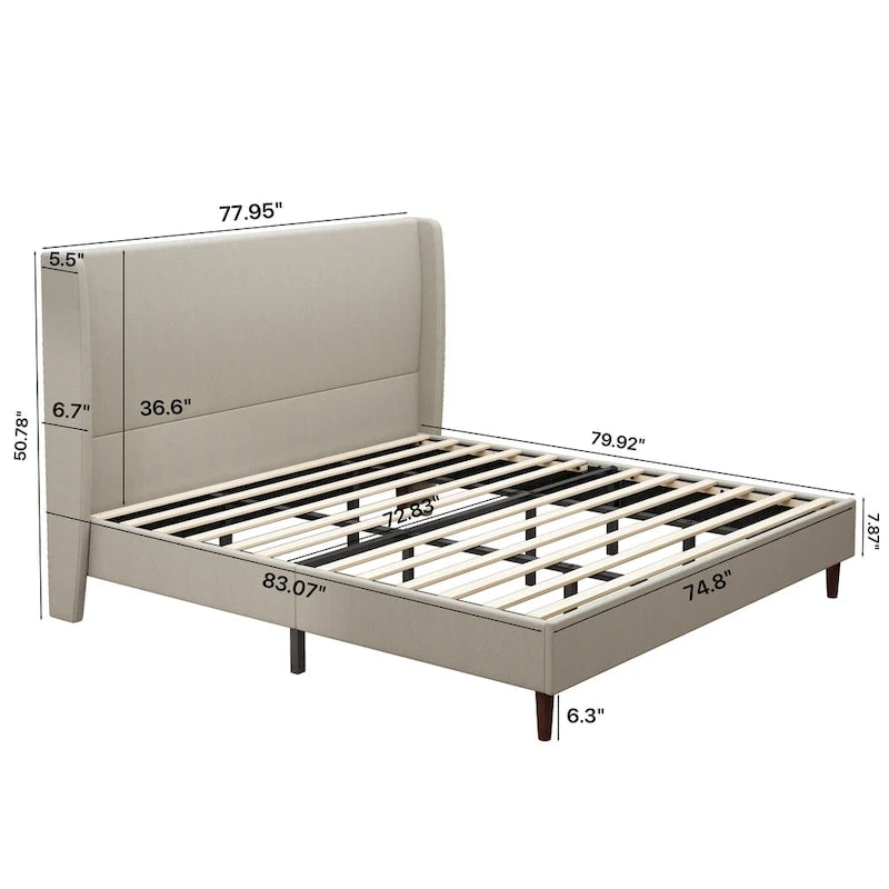 King Platform Bed - Beige Linen Upholstery, 12 Wooden Slats, Solid Wood Legs, 500lb Capacity, 83x78x51", No Box Spring Needed