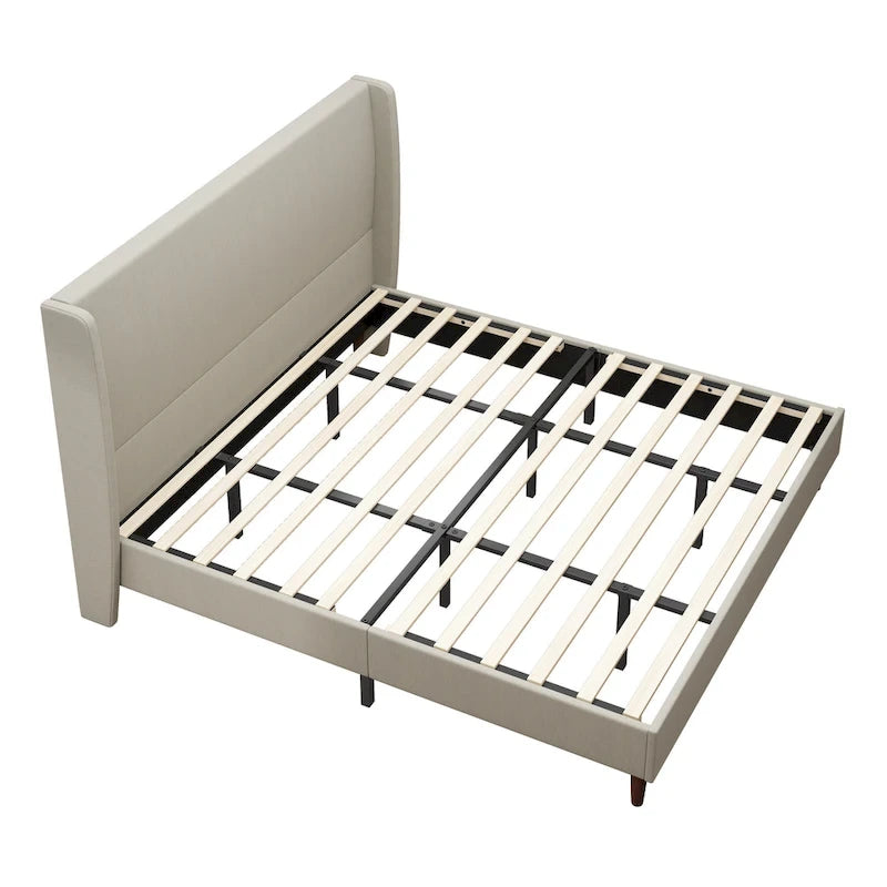King Platform Bed - Beige Linen Upholstery, 12 Wooden Slats, Solid Wood Legs, 500lb Capacity, 83x78x51", No Box Spring Needed