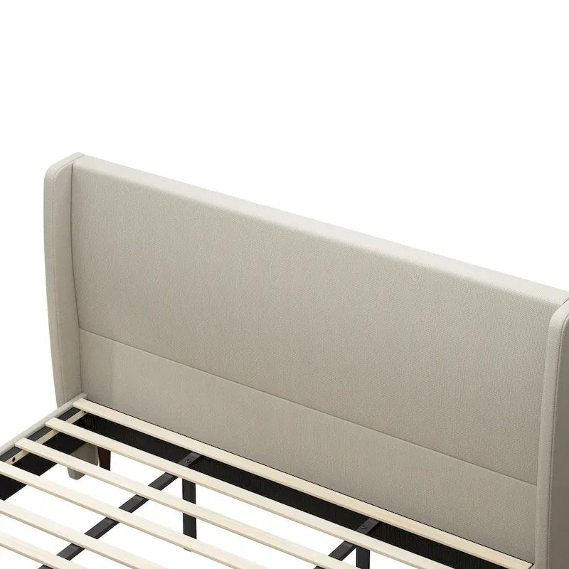 King Platform Bed - Beige Linen Upholstery, 12 Wooden Slats, Solid Wood Legs, 500lb Capacity, 83x78x51", No Box Spring Needed