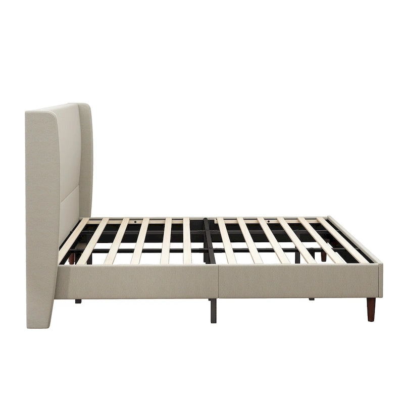 King Platform Bed - Beige Linen Upholstery, 12 Wooden Slats, Solid Wood Legs, 500lb Capacity, 83x78x51", No Box Spring Needed