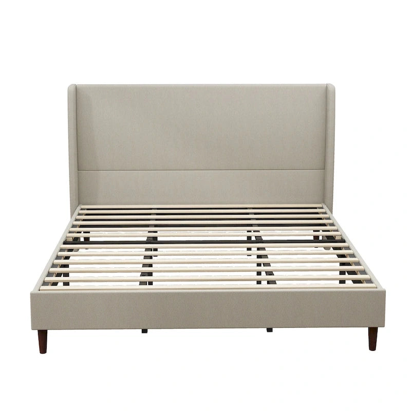 King Platform Bed - Beige Linen Upholstery, 12 Wooden Slats, Solid Wood Legs, 500lb Capacity, 83x78x51", No Box Spring Needed