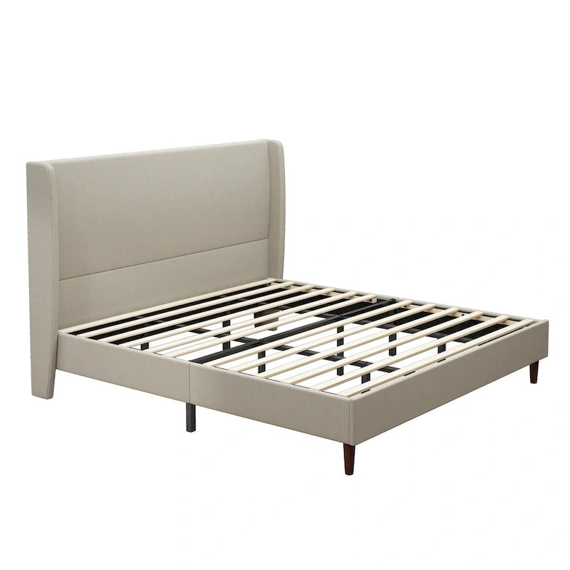 King Platform Bed - Beige Linen Upholstery, 12 Wooden Slats, Solid Wood Legs, 500lb Capacity, 83x78x51", No Box Spring Needed