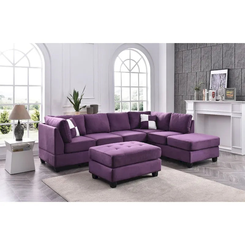 Purple Microsuede 4-Seater Sectional Sofa - Reversible Storage, Pocket Coil Seating, Tufted Backs, 111x78x34", 2 Throw Pillows