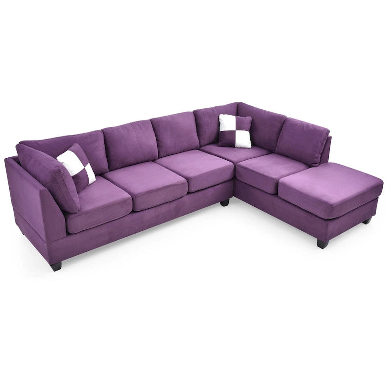 Purple Microsuede 4-Seater Sectional Sofa - Reversible Storage, Pocket Coil Seating, Tufted Backs, 111x78x34", 2 Throw Pillows