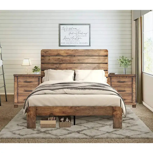 3-Piece Bedroom Set - Wood Platform Bed with Headboard & 2 Nightstands, Solid Wood, 3 Drawers Each, Farmhouse Style
