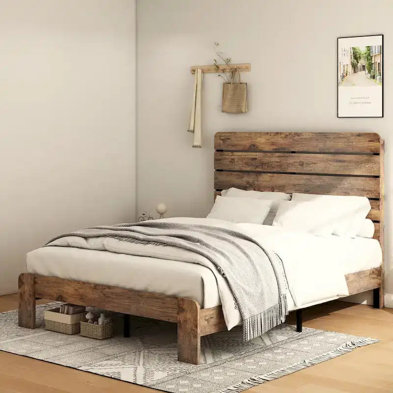 3-Piece Bedroom Set - Wood Platform Bed with Headboard & 2 Nightstands, Solid Wood, 3 Drawers Each, Farmhouse Style