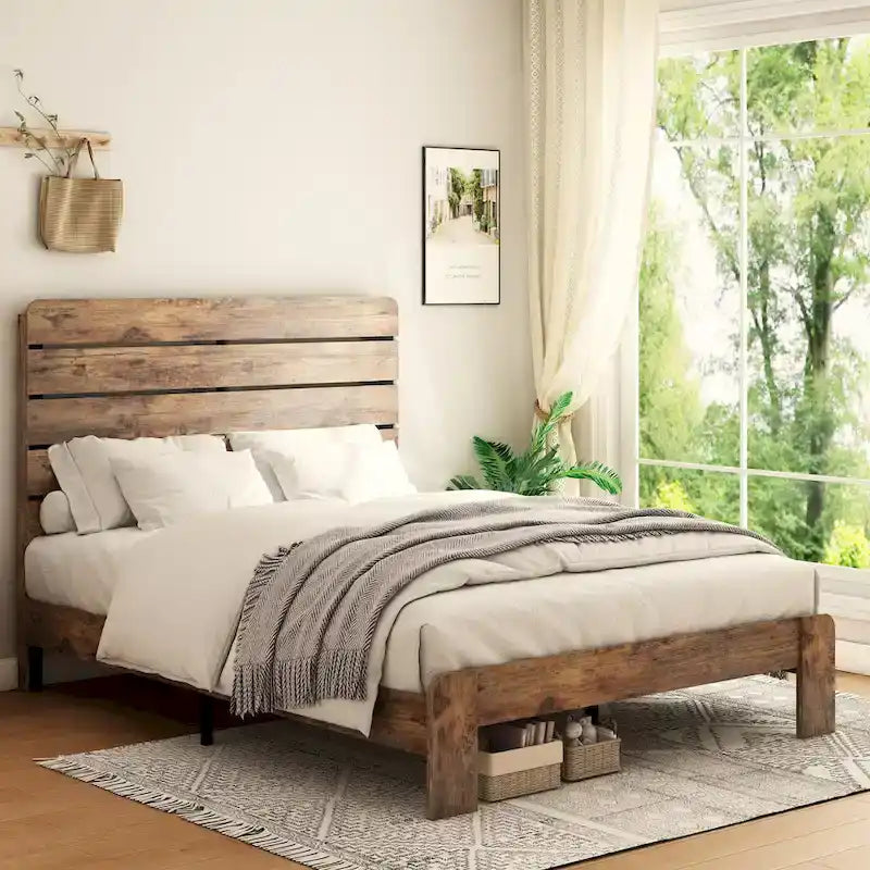 3-Piece Bedroom Set - Wood Platform Bed with Headboard & 2 Nightstands, Solid Wood, 3 Drawers Each, Farmhouse Style