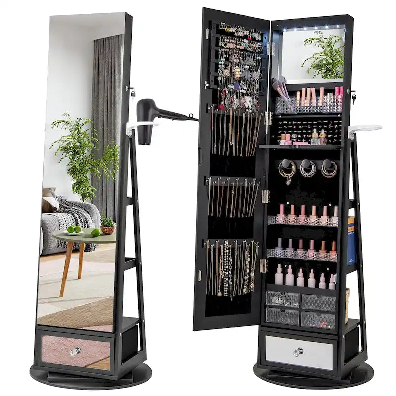 360° Swivel Jewelry Cabinet - Full-Length Mirror with LED Lights, 22x64.5", Lockable Storage for 108 Earrings & More, 4-in-1 Organizer