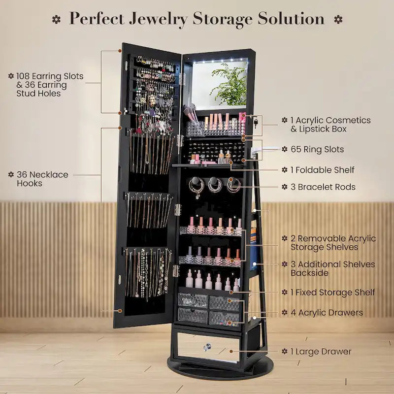 360° Swivel Jewelry Cabinet - Full-Length Mirror with LED Lights, 22x64.5", Lockable Storage for 108 Earrings & More, 4-in-1 Organizer