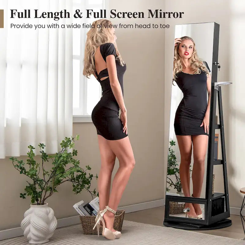 360° Swivel Jewelry Cabinet - Full-Length Mirror with LED Lights, 22x64.5", Lockable Storage for 108 Earrings & More, 4-in-1 Organizer