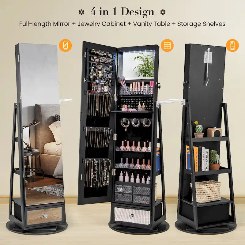 360° Swivel Jewelry Cabinet - Full-Length Mirror with LED Lights, 22x64.5", Lockable Storage for 108 Earrings & More, 4-in-1 Organizer