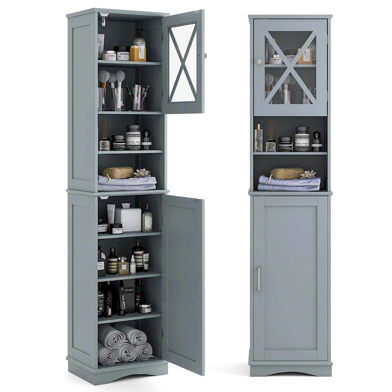 67" Tall Bathroom Storage Cabinet Freestanding with 2 Open Compartments 2 Enclosed Cabinets 5 Adjustable Shelves MDF Acrylic